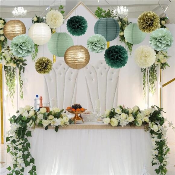 Sage Green Party Decorations Paper Lanterns Pom Poms Birthday Baby Shower Weddin - Picture 4 of 7